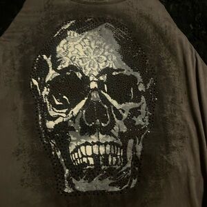 Size Small Crash and Burn Shirt with embellished skull and lace sleeves